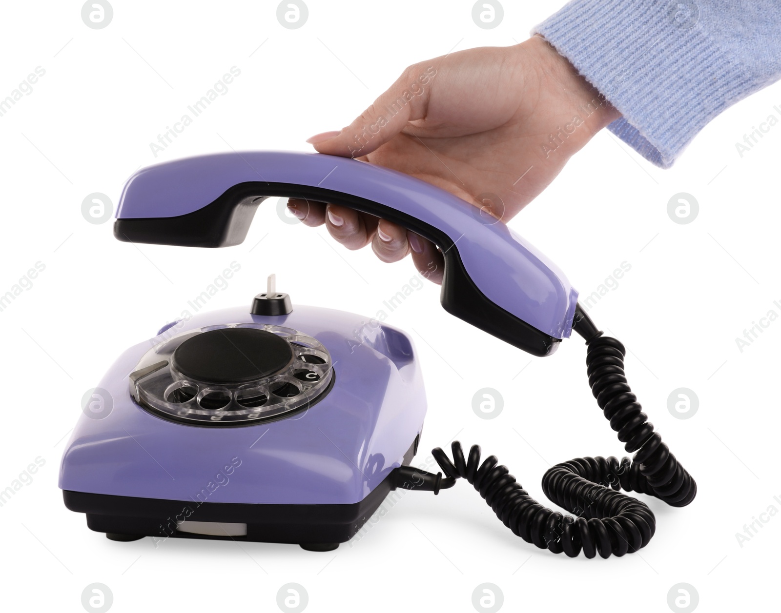 Photo of Woman using telephone on white background, closeup