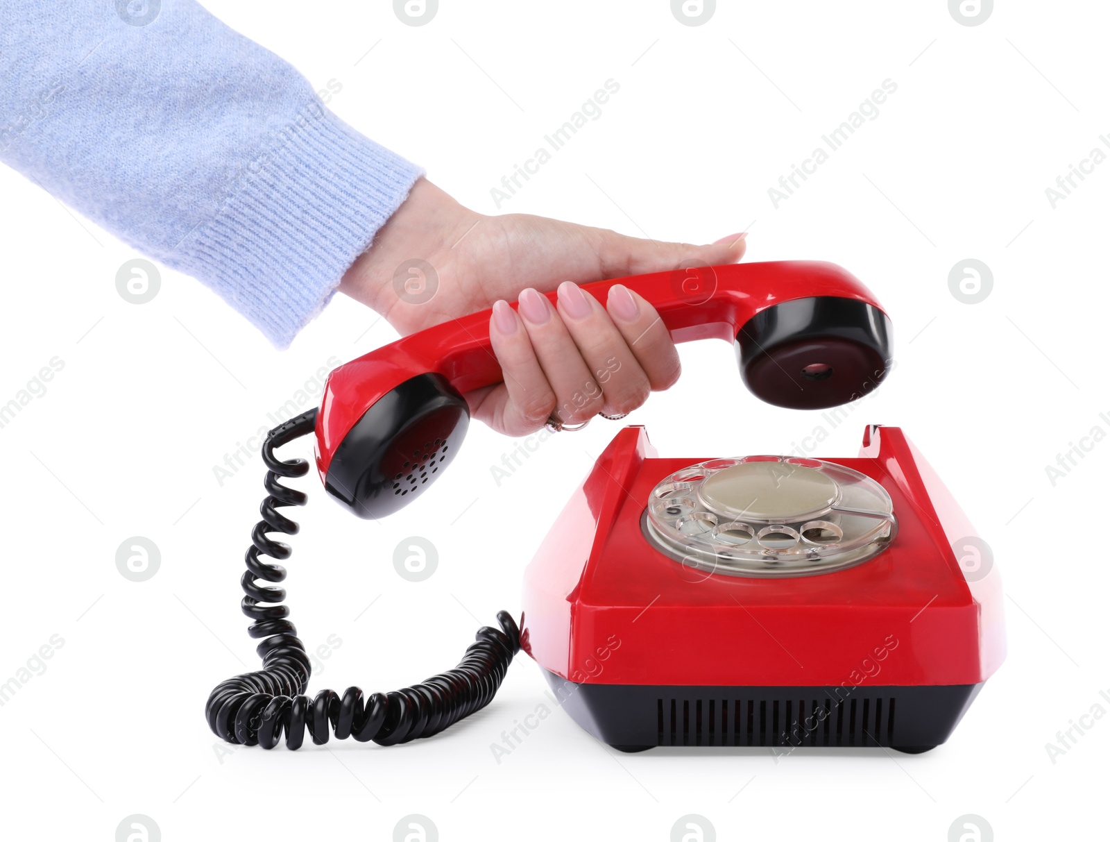 Photo of Woman using telephone on white background, closeup