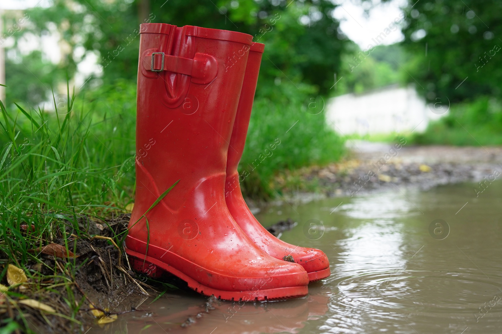 Photo of Red rubber boots in puddle at rainy day, closeup