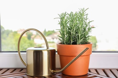 Photo of Aromatic rosemary plant in pot and watering can on wooden table near window indoors