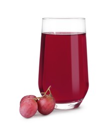 Photo of Ripe grapes and glass of tasty juice isolated on white