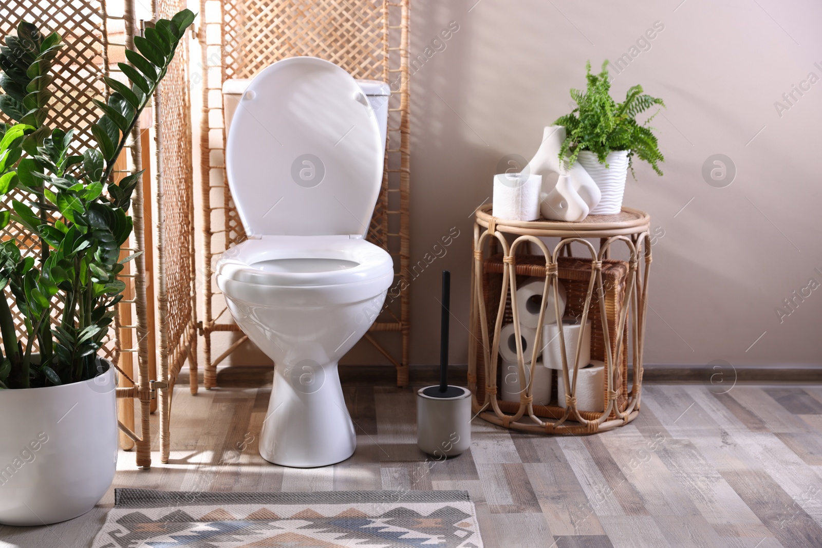 Photo of White toilet bowl, paper rolls and houseplants in bathroom