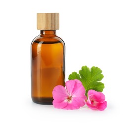 Photo of Geranium essential oil in bottle and beautiful flowers isolated on white