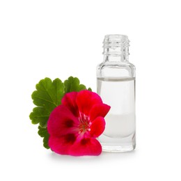 Photo of Geranium essential oil in bottle and beautiful flower isolated on white