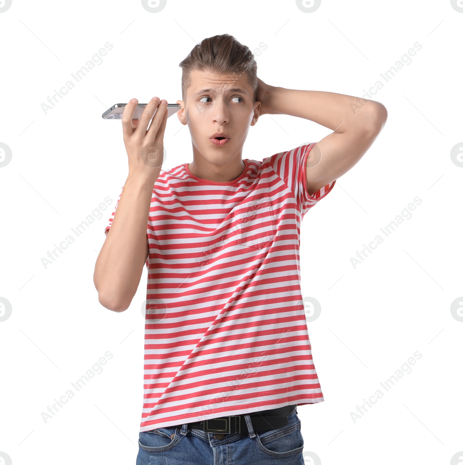 Photo of Young man with smartphone listening to voice message on white background