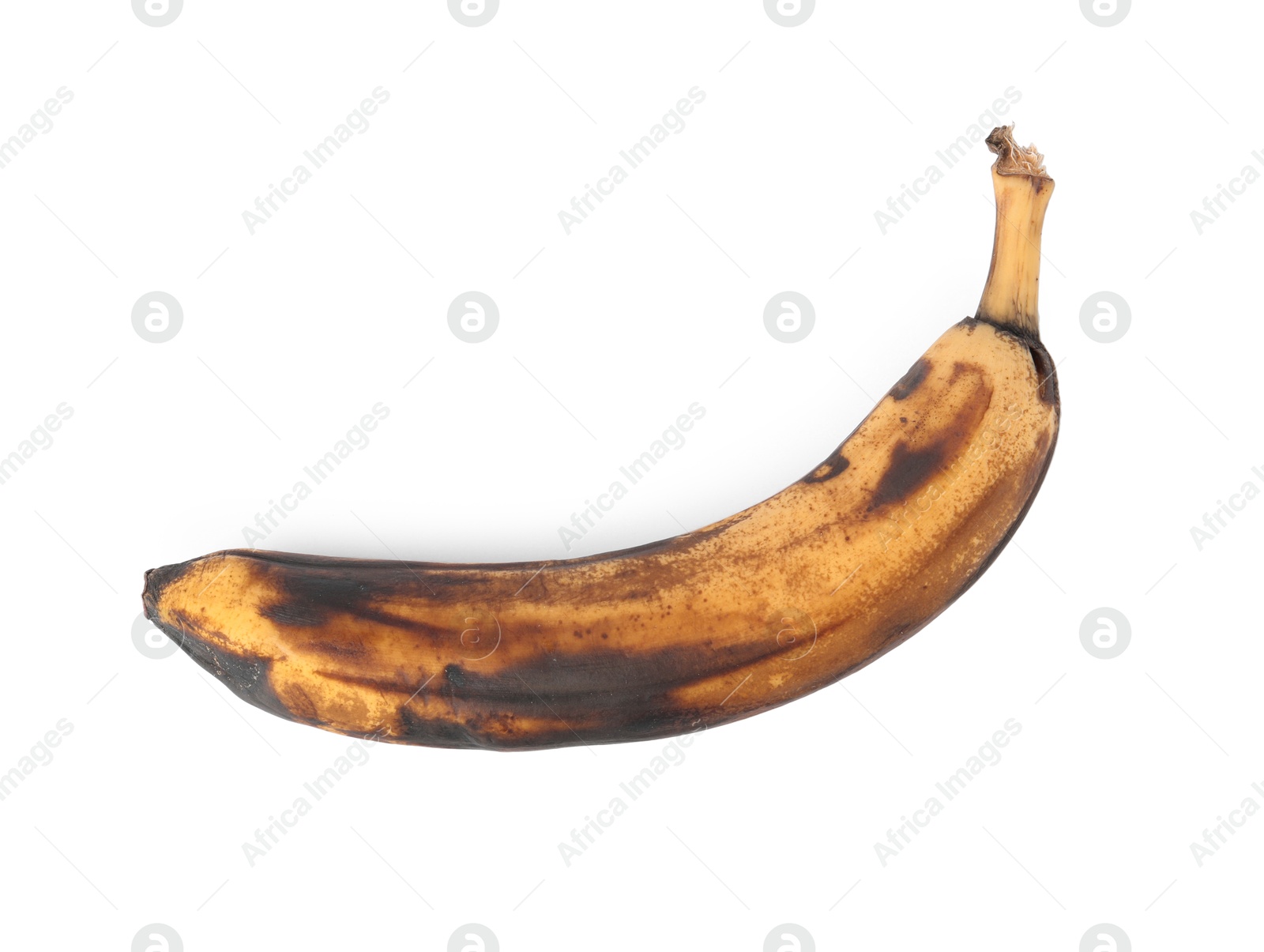 Photo of Overripe banana with dark spots isolated on white, top view