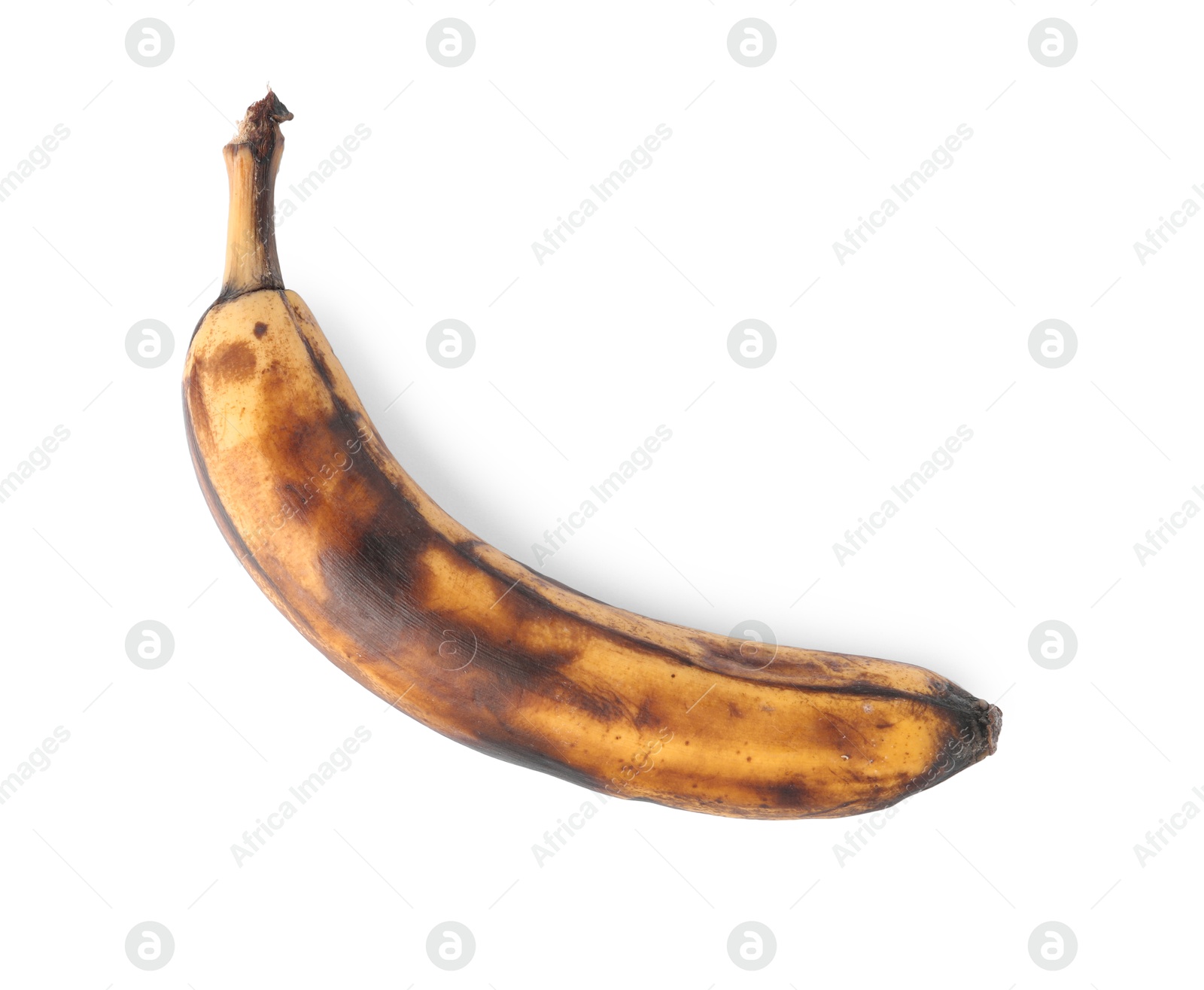 Photo of Overripe banana with dark spots isolated on white, top view