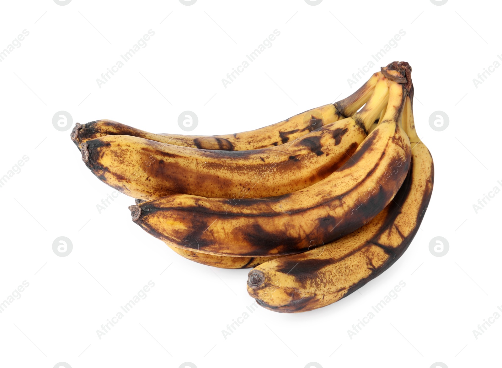 Photo of Bunch of ripe bananas with dark spots isolated on white