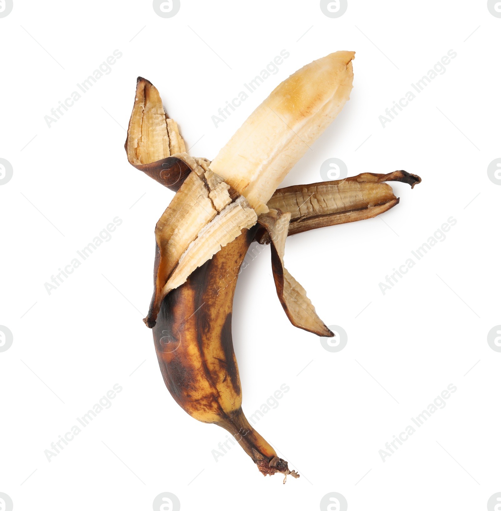 Photo of Overripe banana with dark spots isolated on white, top view