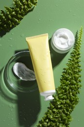 Petri dish with cosmetic products and fern leaves on green background, flat lay