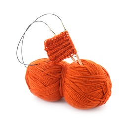 Photo of Skein of orange yarn, knitted fabric and needles isolated on white