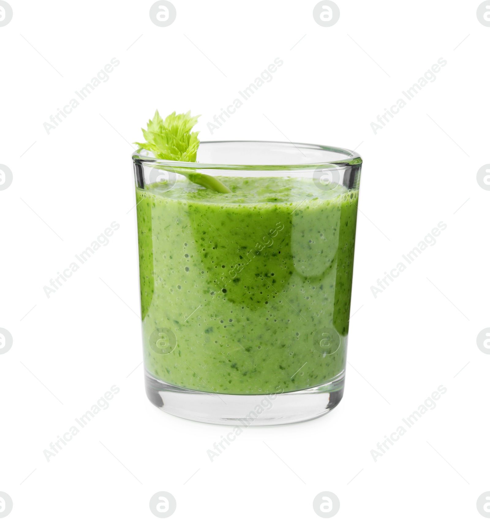 Photo of Tasty green smoothie in glass isolated on white