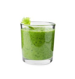 Photo of Tasty green smoothie in glass isolated on white