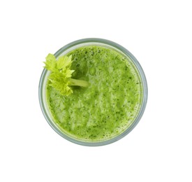 Photo of Tasty green smoothie in glass isolated on white, top view