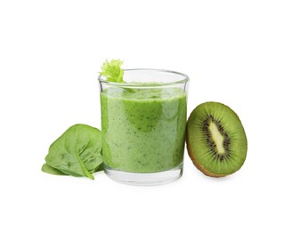 Photo of Tasty green smoothie in glass, spinach and half of kiwi isolated on white