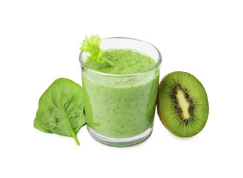 Photo of Tasty green smoothie in glass, spinach and half of kiwi isolated on white