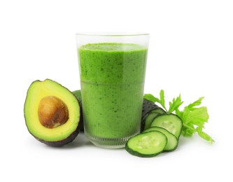 Photo of Tasty green smoothie in glass, cucumber and avocado isolated on white