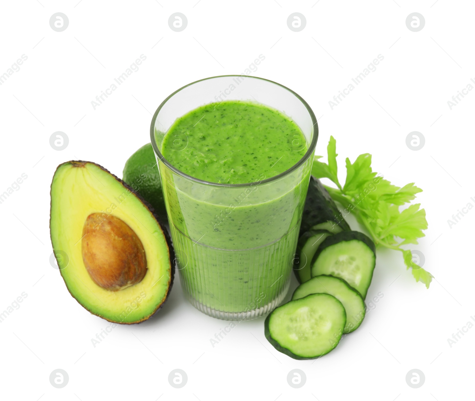 Photo of Tasty green smoothie in glass, cucumber and avocado isolated on white