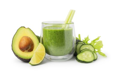 Photo of Tasty green smoothie in glass, cucumber, lime and avocado isolated on white