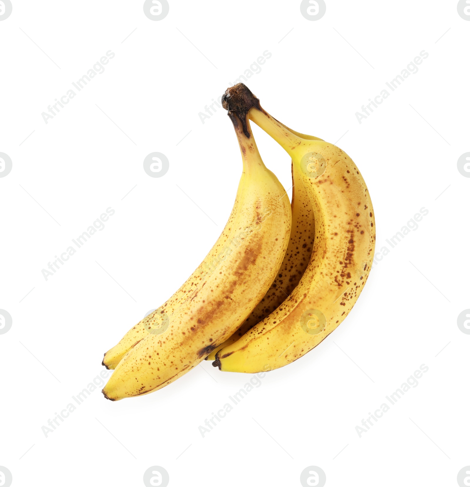 Photo of Bunch of ripe bananas with dark spots isolated on white, top view