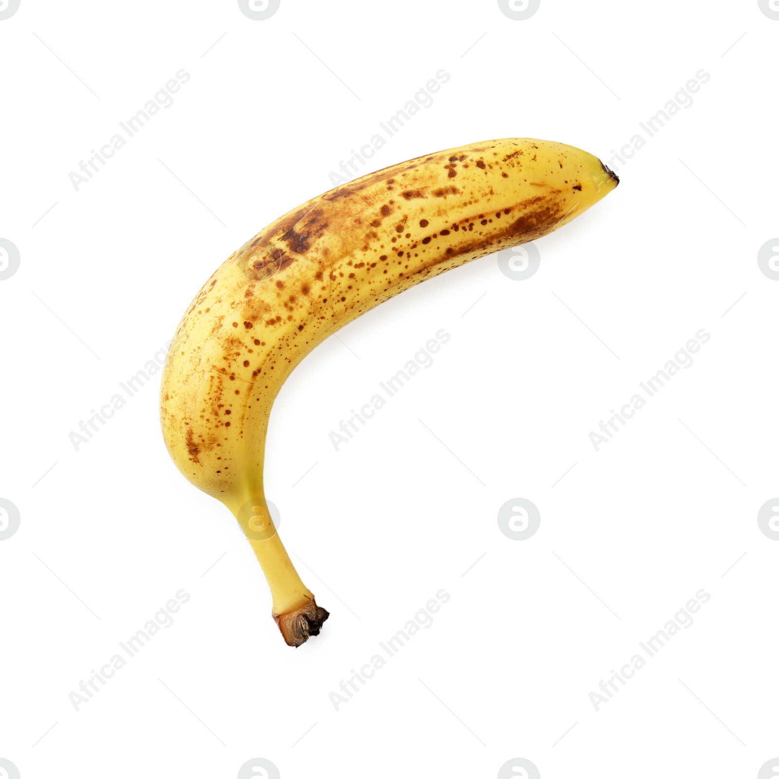 Photo of Ripe banana with dark spots isolated on white, top view