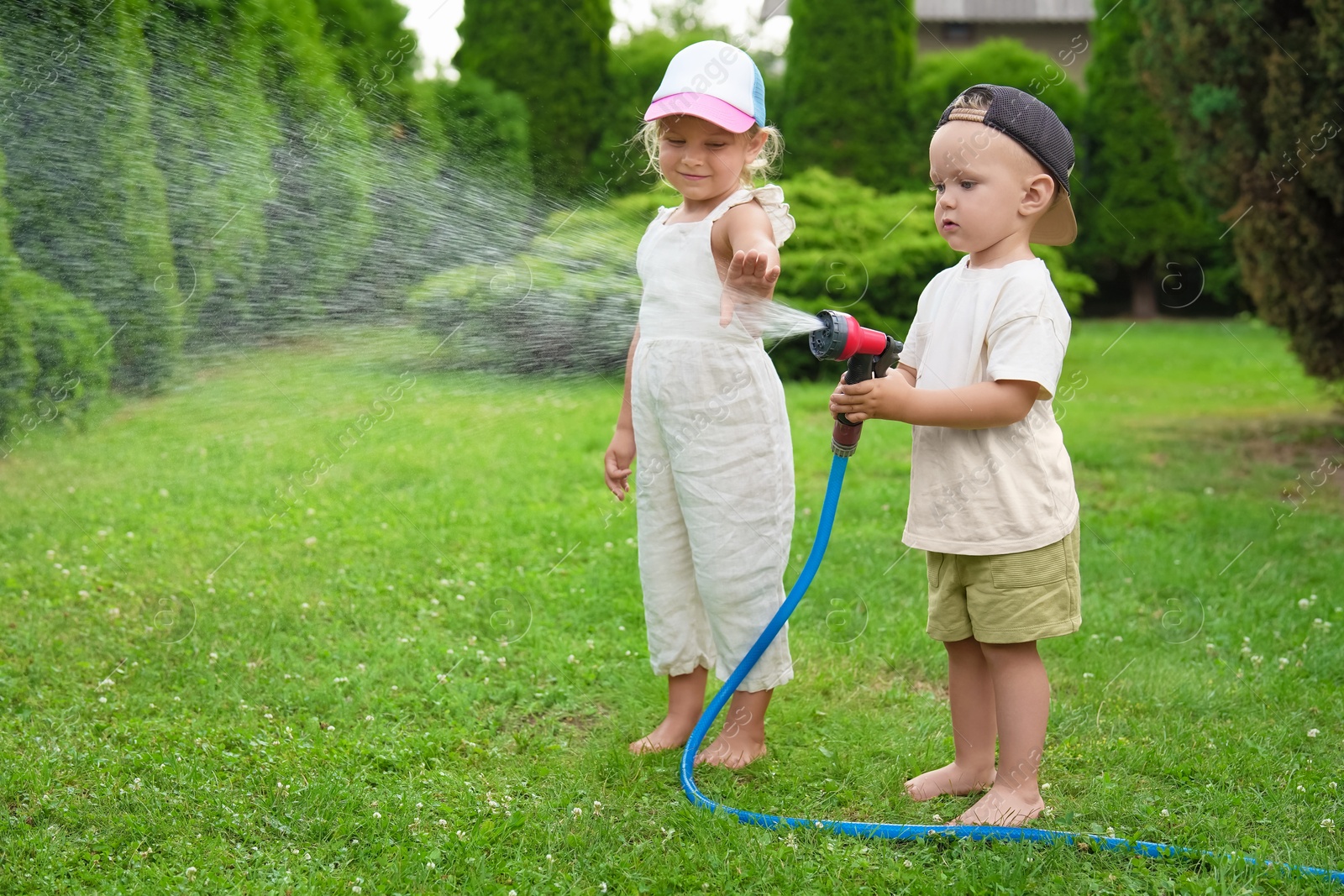 Photo of Little boy and his sister watering lawn with hose in backyard