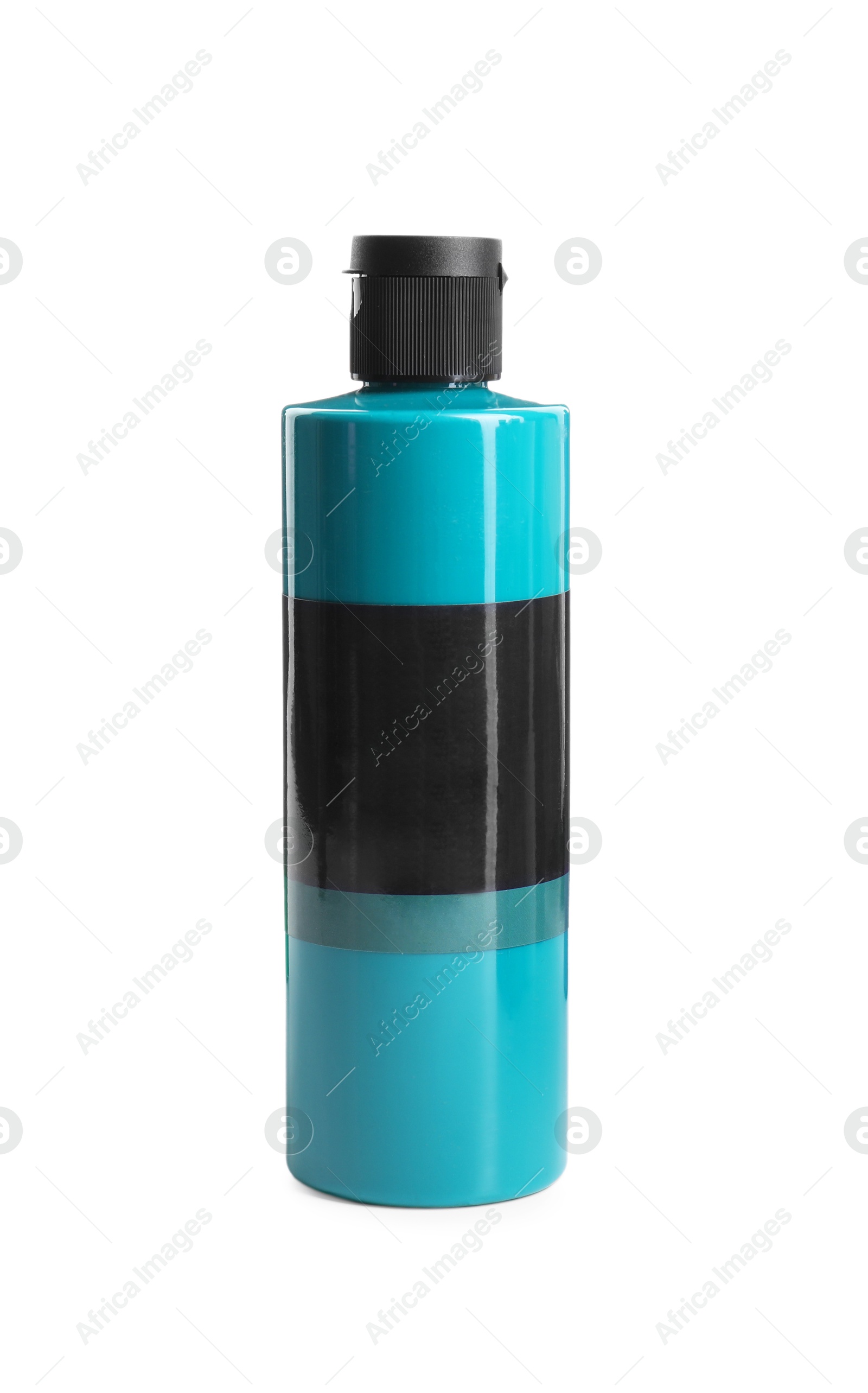 Photo of Light blue acrylic paint in bottle isolated on white