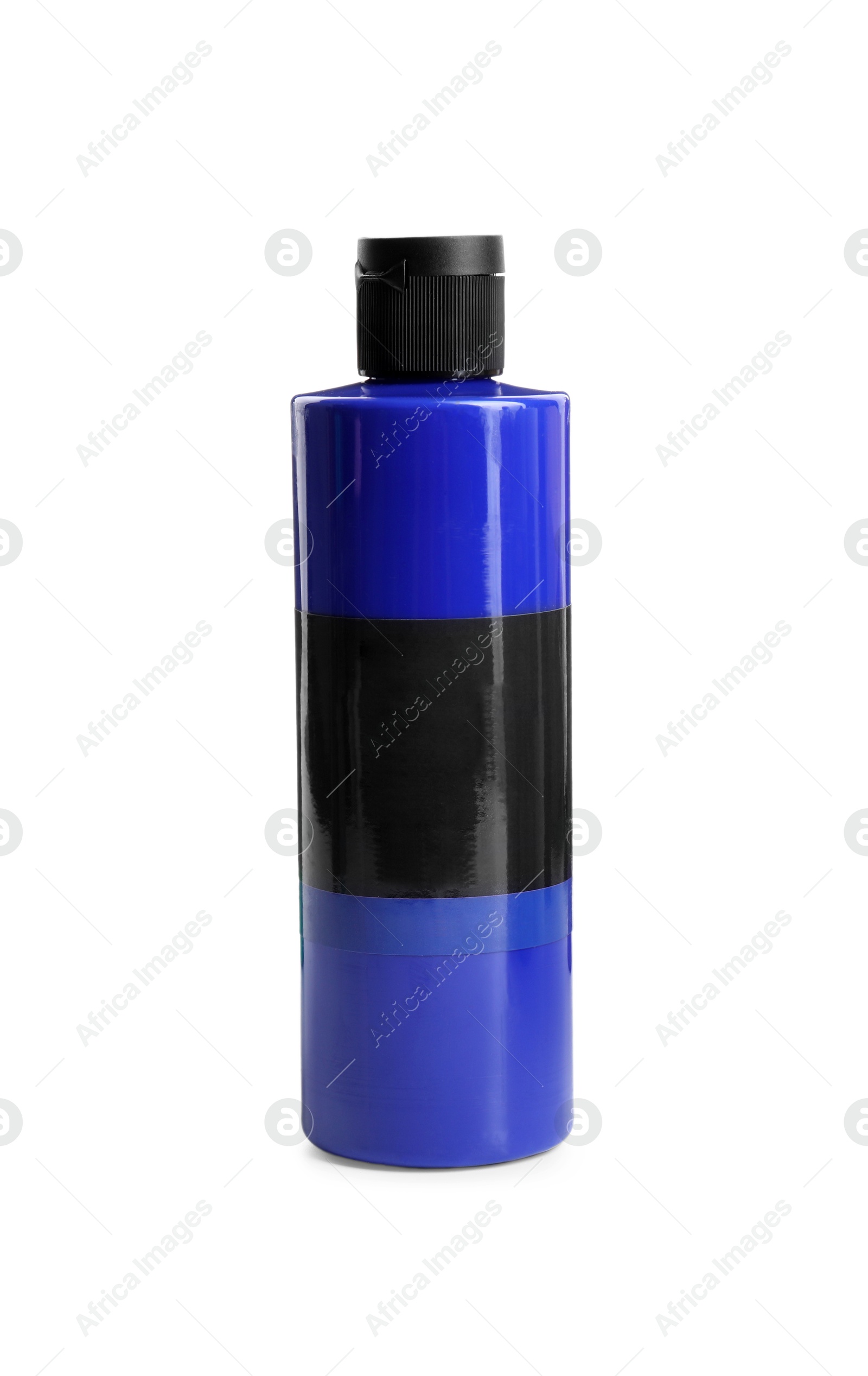 Photo of Blue acrylic paint in bottle isolated on white