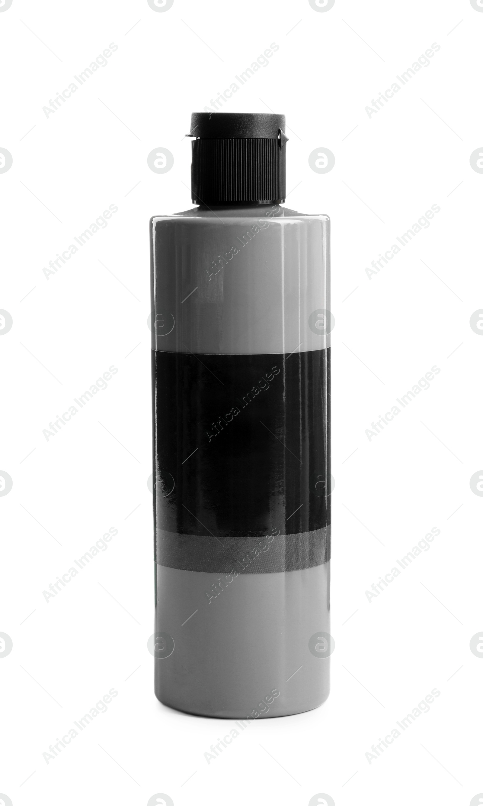 Photo of Grey acrylic paint in bottle isolated on white