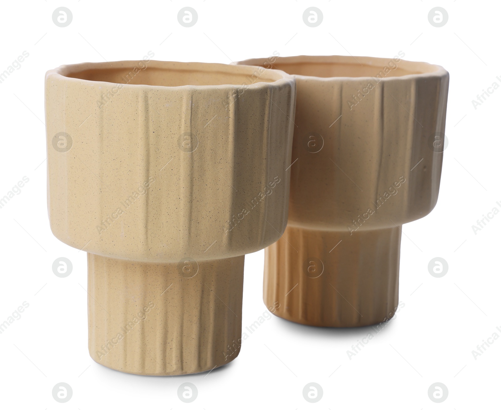 Photo of Two beige ceramic vases isolated on white