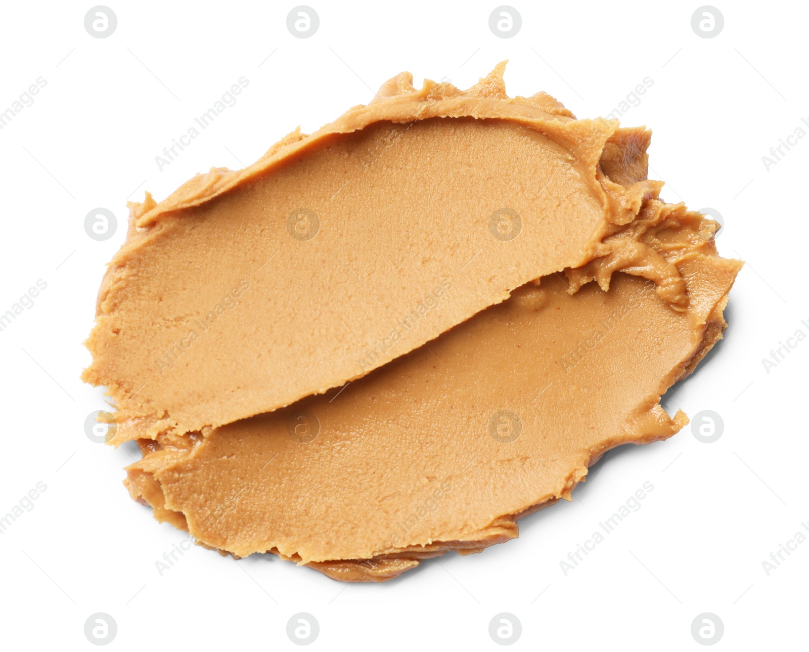 Photo of Tasty peanut butter on white background, top view