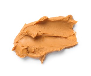 Photo of Tasty peanut butter on white background, top view