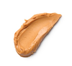 Photo of Tasty peanut butter on white background, top view