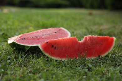 Photo of Cut juicy watermelon on green grass outdoors