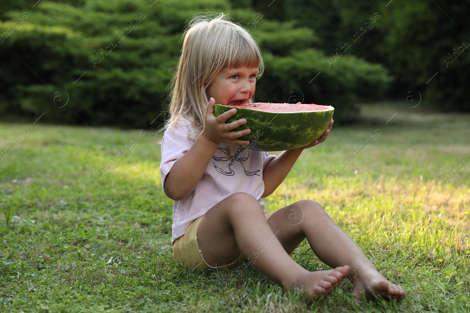 Photo of Cute little girl with half of juicy watermelon on green grass outdoors