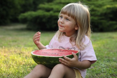 Cute little girl with half of juicy watermelon on green grass outdoors