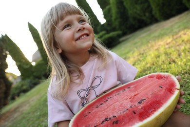 Cute little girl with half of juicy watermelon on green grass outdoors