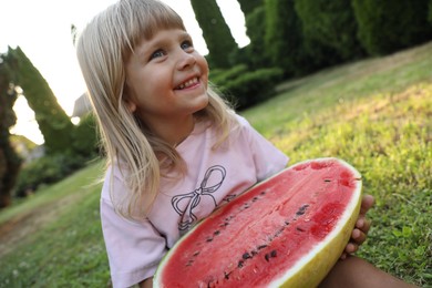 Cute little girl with half of juicy watermelon on green grass outdoors