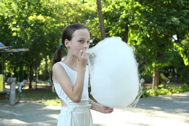 Little girl eating sweet cotton candy in park