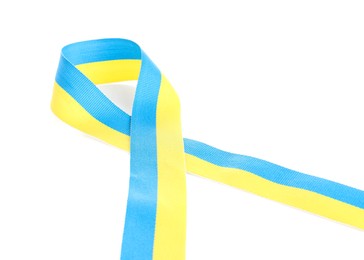 Photo of Ribbon in colors of Ukrainian national flag isolated on white