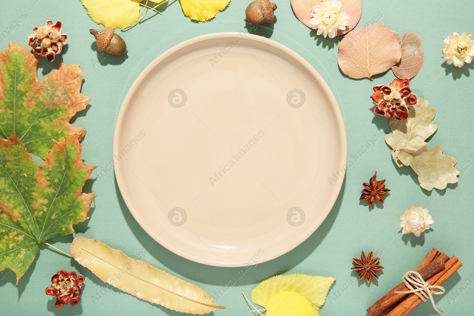 Photo of Beautiful table setting with autumn decor on turquoise background, flat lay