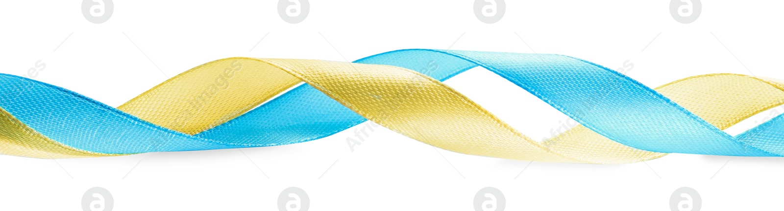 Photo of Ribbons in colors of Ukrainian national flag isolated on white