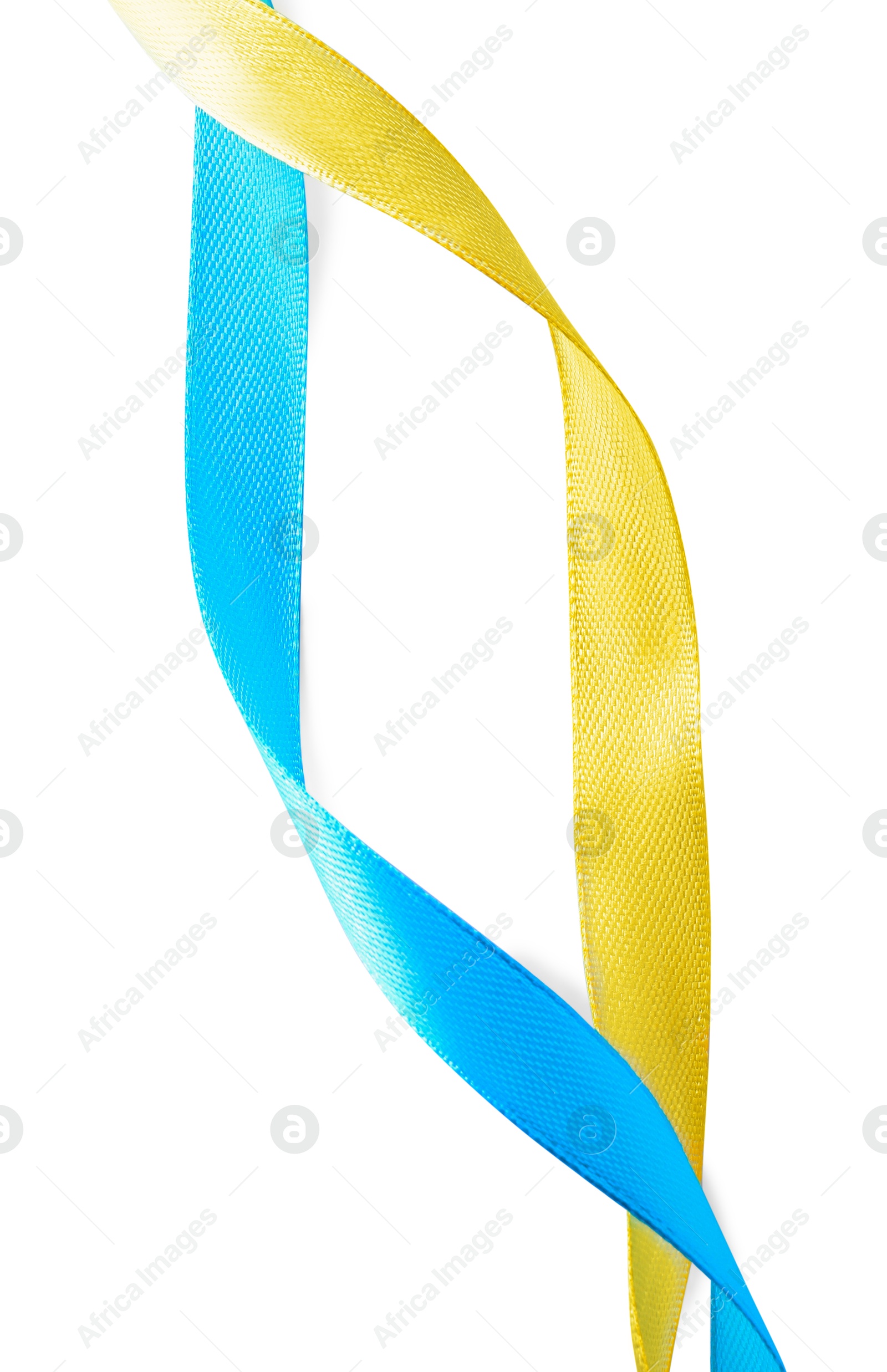 Photo of Ribbons in colors of Ukrainian national flag isolated on white