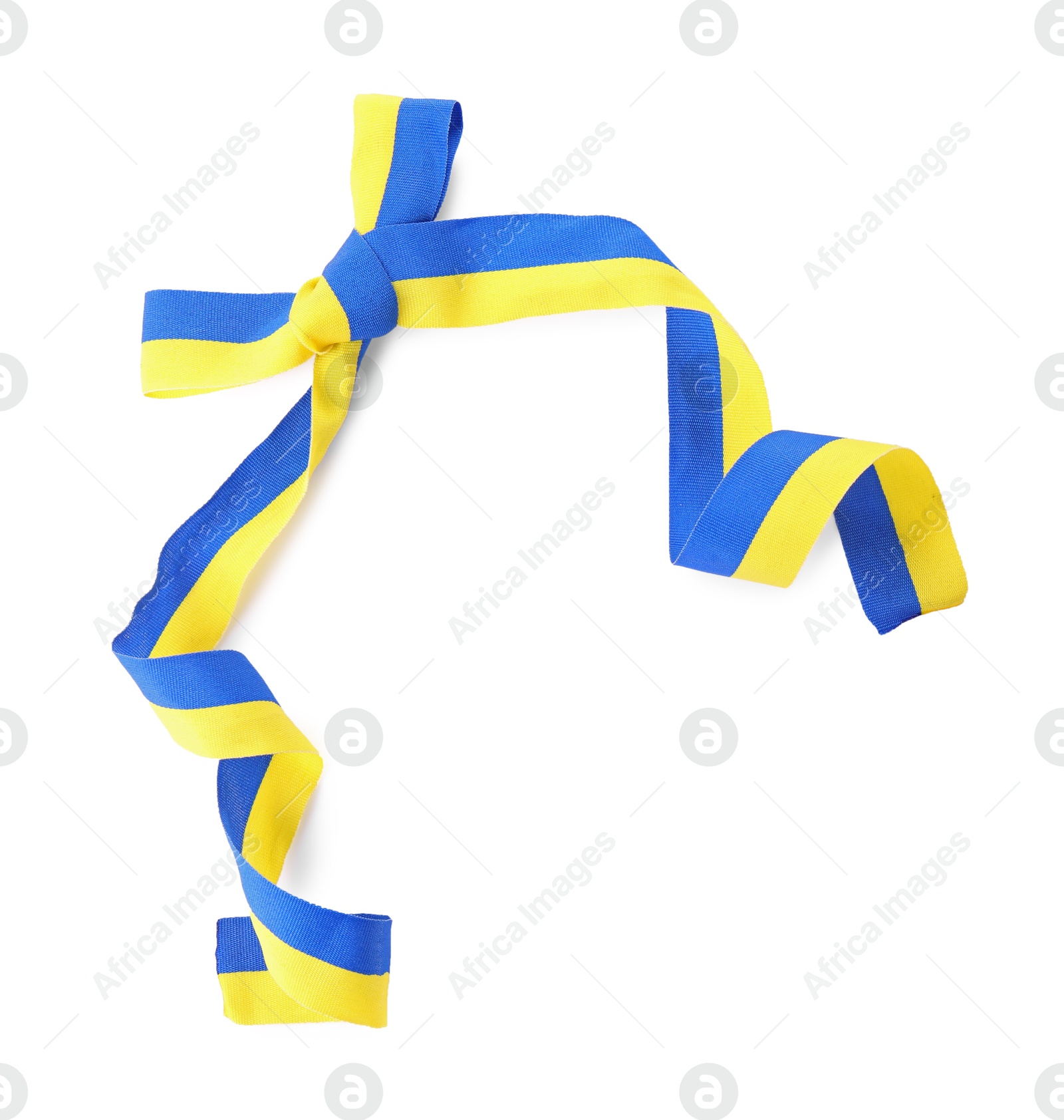 Photo of Ribbon with bow in colors of Ukrainian national flag isolated on white, top view