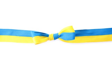 Ribbon with bow in colors of Ukrainian national flag isolated on white, top view