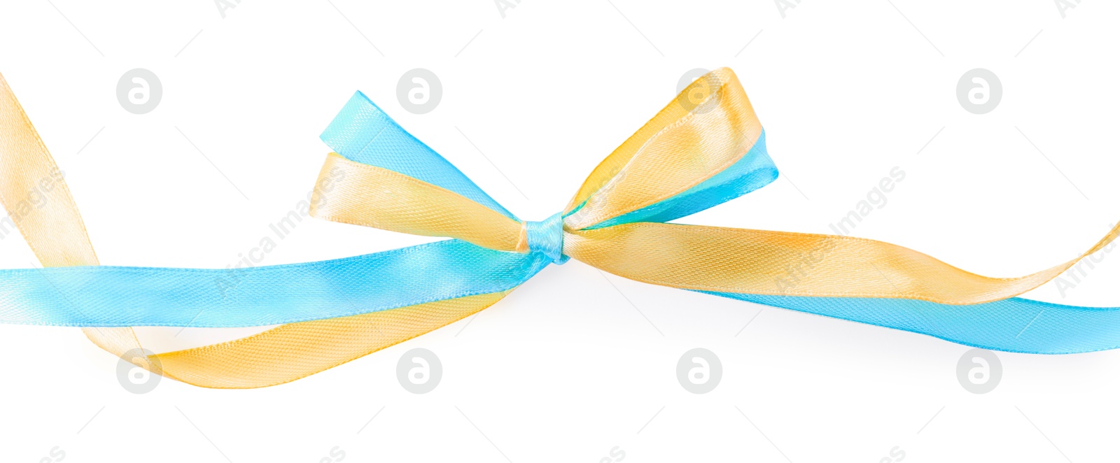 Photo of Bow in colors of Ukrainian national flag isolated on white, top view