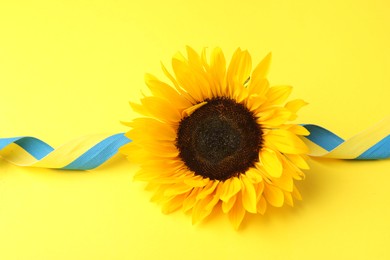 Photo of Sunflower with ribbon in colors of Ukrainian national flag on yellow background