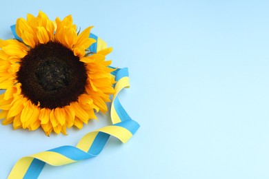 Photo of Sunflower with ribbon in colors of Ukrainian national flag on light blue background, space for text