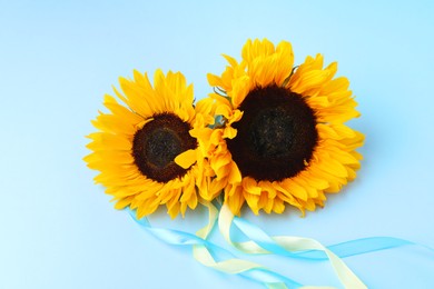 Sunflowers with ribbons in colors of Ukrainian national flag on light blue background