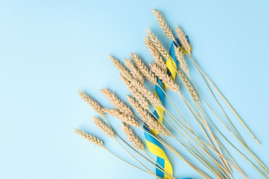 Photo of Ears of wheat with ribbon in colors of Ukrainian national flag on light blue background, flat lay